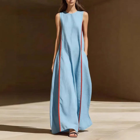 Women's Linen Sleeveless Loose Striped Dress 
