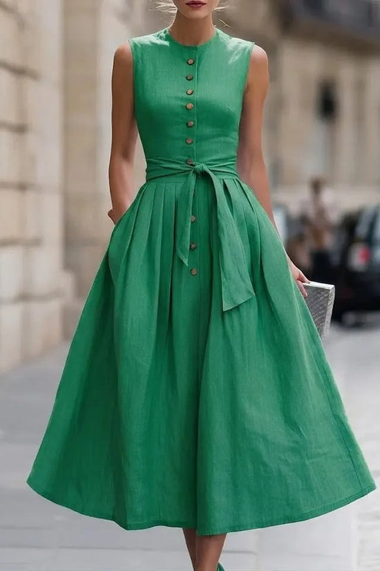Fitted-waist, Sleeveless Cotton-linen Solid-color Maxi Dress 