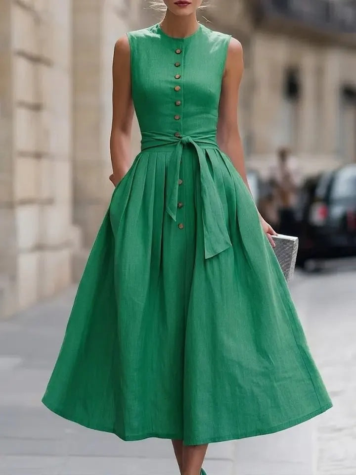 Fitted-waist, Sleeveless Cotton-linen Solid-color Maxi Dress 