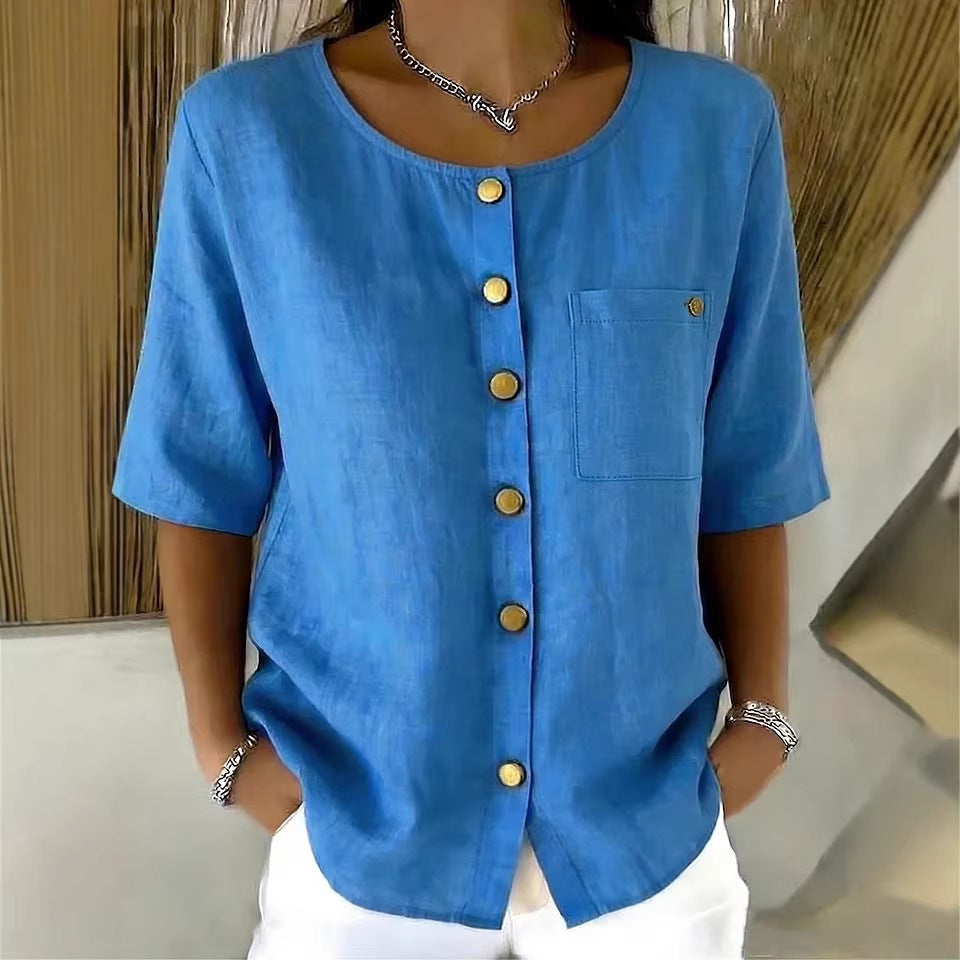 Womens Crew-Neck Shirt With Metal Buttons And Three-Quarter Sleeves 