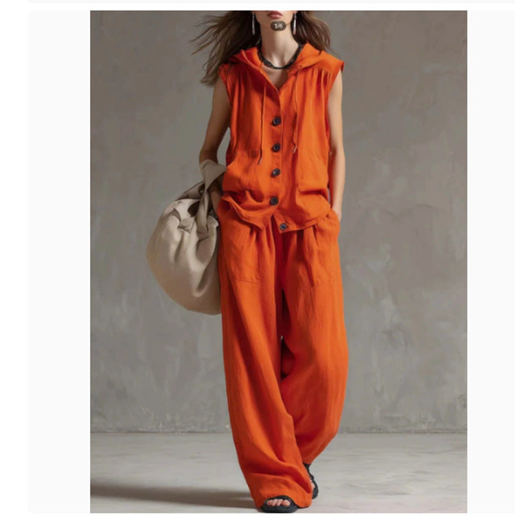 Sleeveless Loose Casual Hooded Top High-Waist Wide-Leg Pants Set 