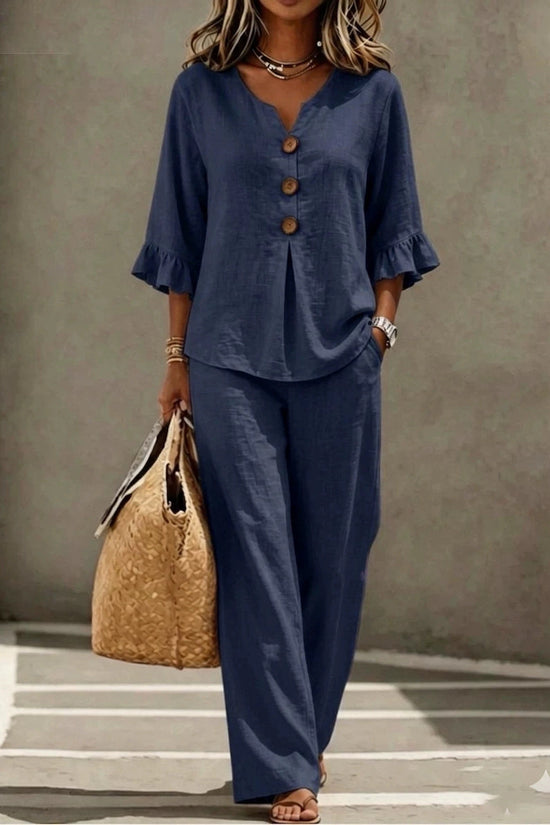 Womens V-neck Ruffle Three-Quarter Sleeve Top And Pants Two-Piece Set 