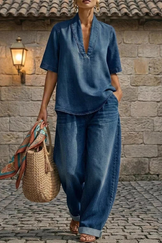 Retro V-neck Denim Set Womens Loose Half-sleeve Top And Wide-leg Pants Two-piece Set 