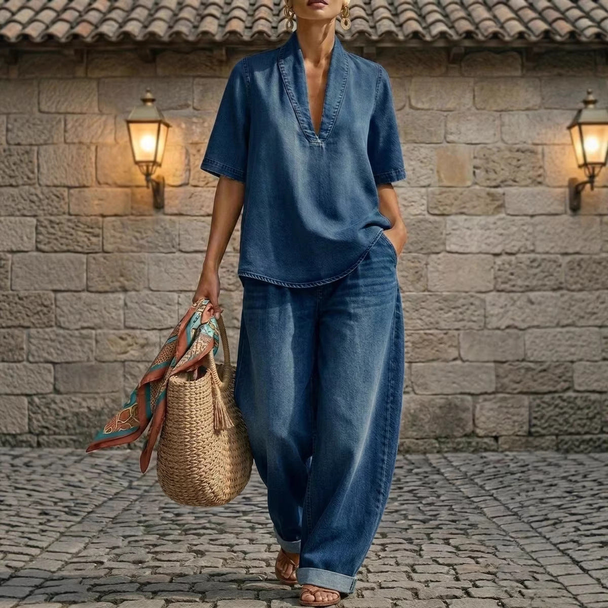 Retro V-neck Denim Set Womens Loose Half-sleeve Top And Wide-leg Pants Two-piece Set 