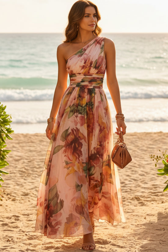 One shoulder waist cinched beach long dress 