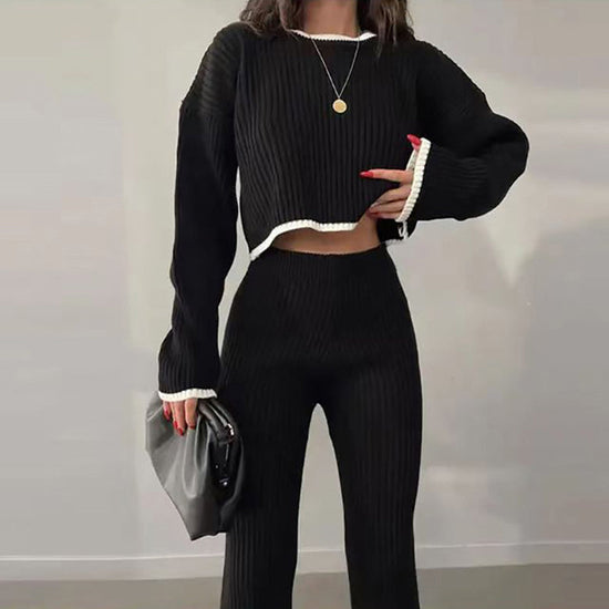 Women's Casual Color-Block Two Piece Set, Long Sleeve Crop Top With Slim Slit Pants, Spring&Autumn Comfort Outfit 
