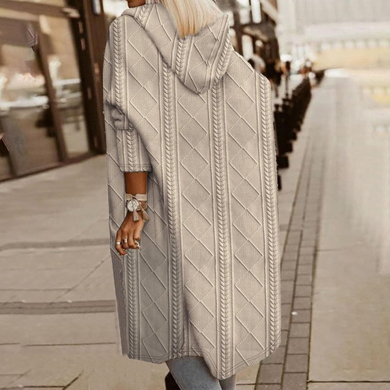 Women's Textured Hooded Longline Jacket, Solid Color Casual Oversized Top With Pockets For Fall & Winter CJ US