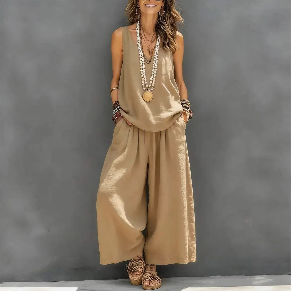 Womens Solid-Colored Casual Sleeveless Tank Top And Wide-Leg Pants Cotton-Linen Set 