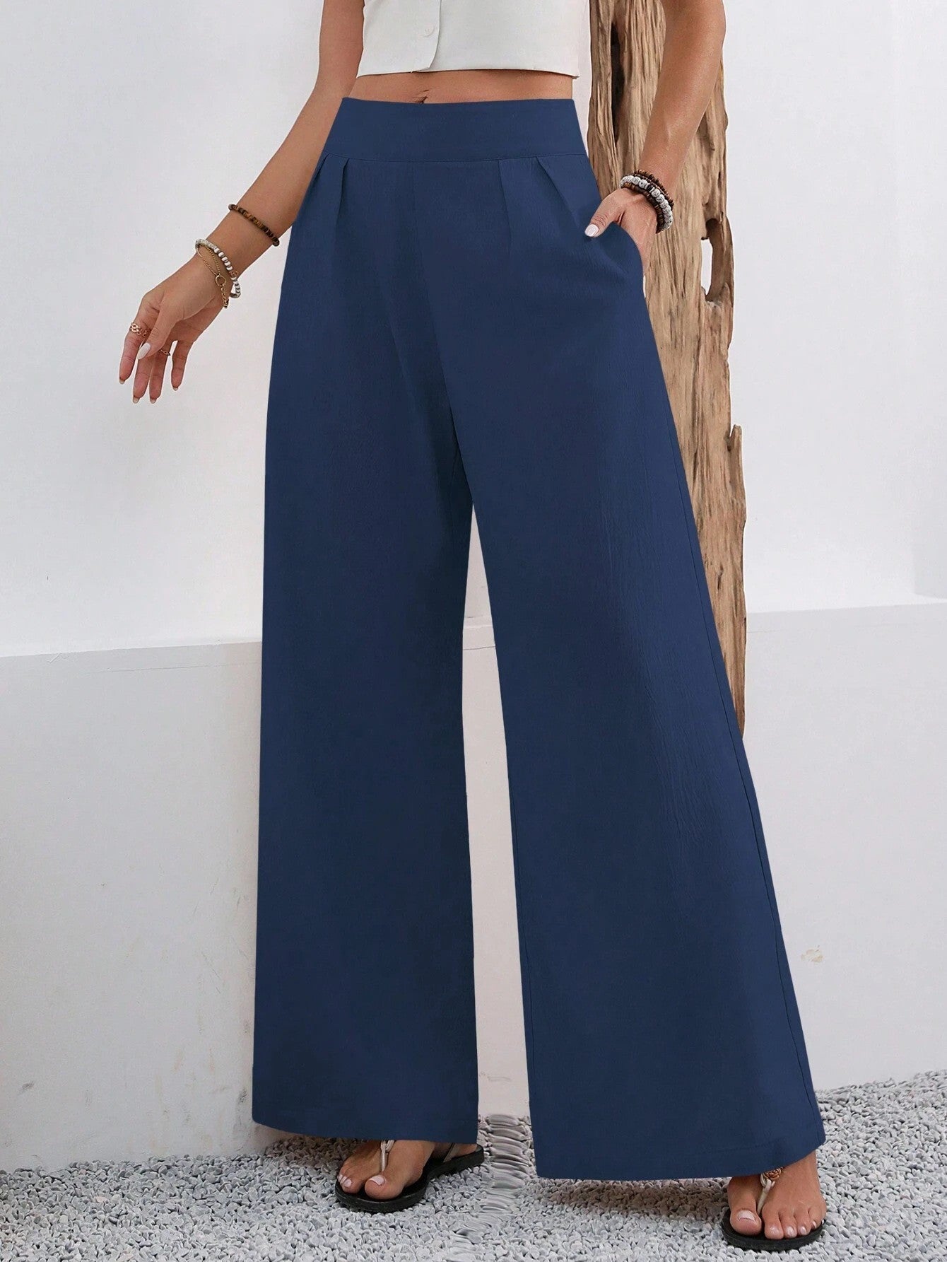 Pocketed High-waisted Fashionable Versatile Wide-leg Trousers Long Pants 