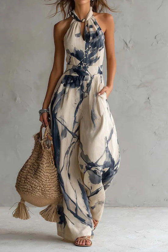 New halter backless jumpsuit, blue and white tie-dye wide-leg pants, summer beach women's wear 