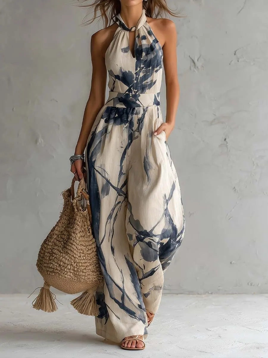 New halter backless jumpsuit, blue and white tie-dye wide-leg pants, summer beach women's wear 