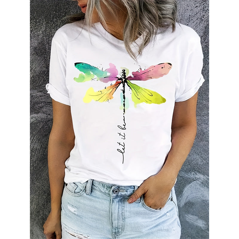 Women's Summer Short Sleeve T-Shirt Colorful Dragonfly Pattern Casual Round Neck Tee CJ