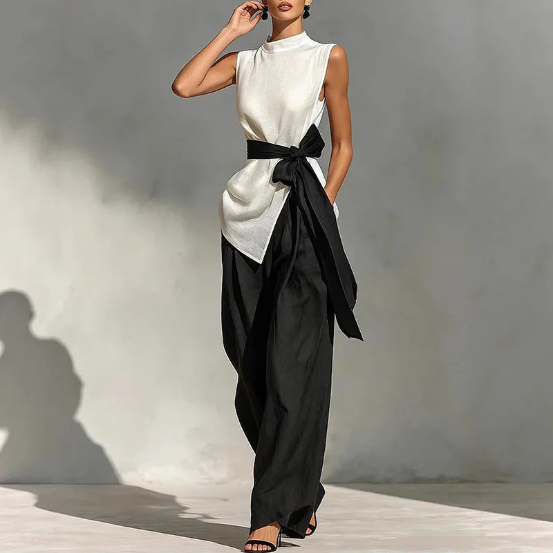 Womens Lace-Up Sleeveless Top And Wide-Leg Pants Two-Piece Set 