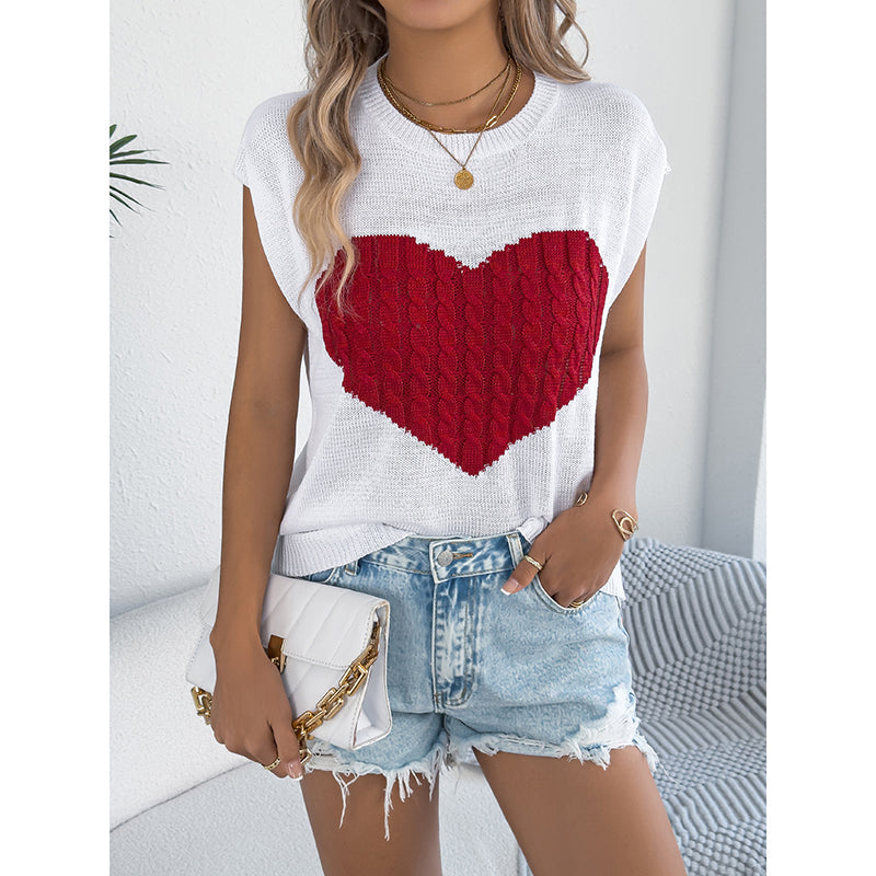 Women's Heart Color Block Knit Top - Casual Sleeveless Valentine Shirt 