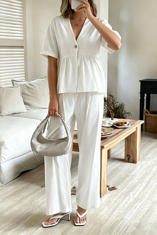 V-neck Loose-fit Short-sleeve Top And Wide-leg Pants Two-piece Set 