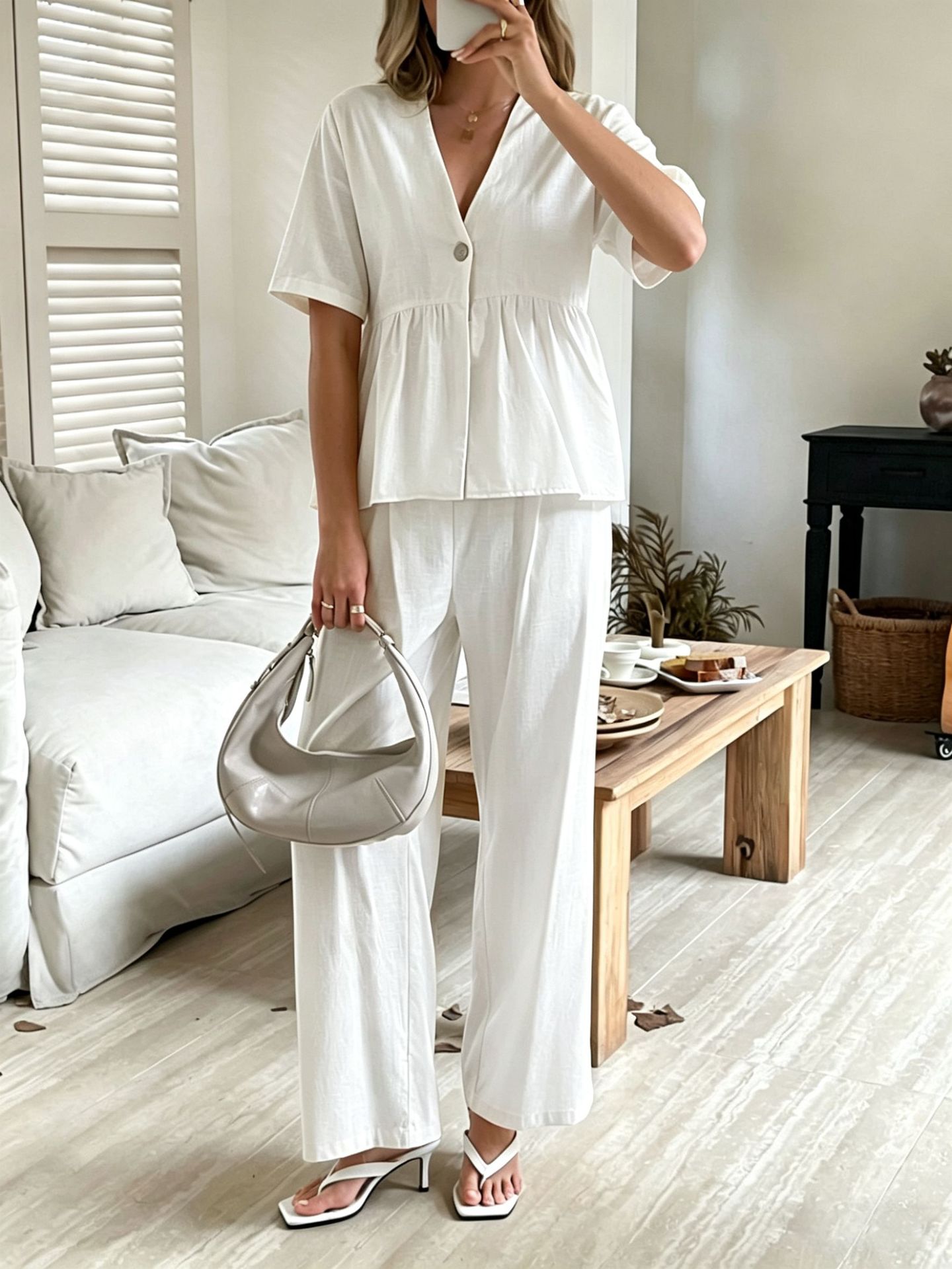 V-neck Loose-fit Short-sleeve Top And Wide-leg Pants Two-piece Set 