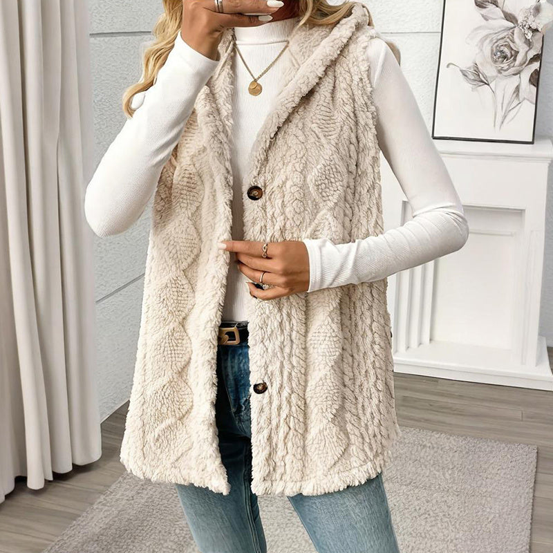 Women's Textured Sleeveless Hooded Vest, Button-Front Layering Piece For Fall & Winter Outfits CJ US