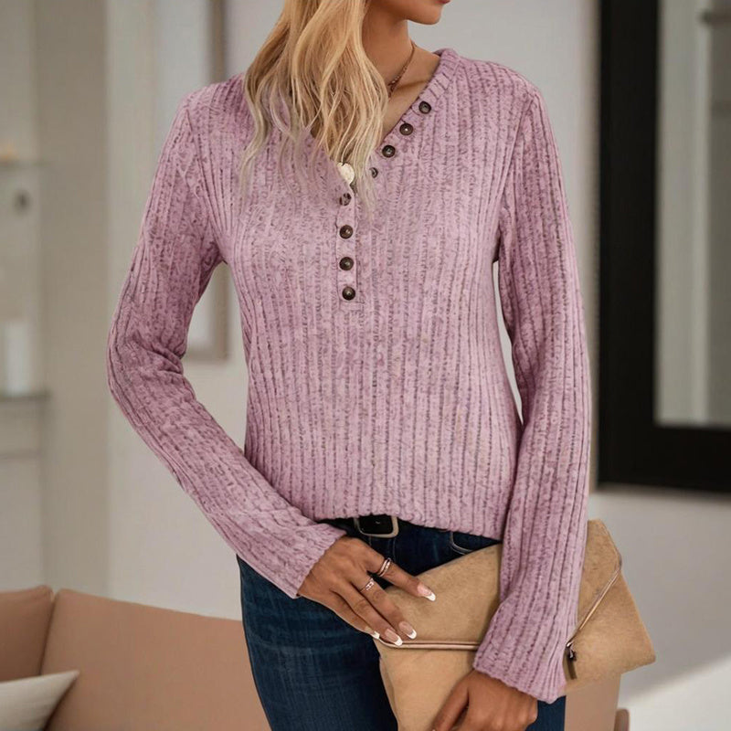 Women's Solid Color Button V-Neck Long Sleeve Knit Top - Casual Comfort Blouse For Spring&Fall CJ US