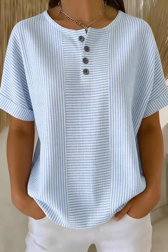 Casual Solid Color V-Neck Buttoned Striped Cotton-Linen T-Shirt 
