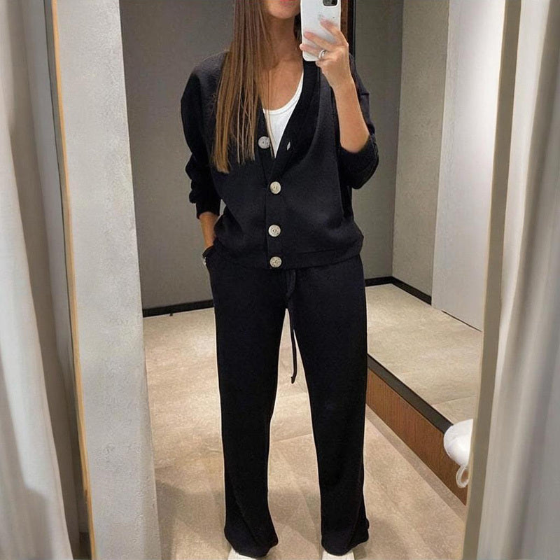 Women's Casual Knit Cardigan With Pocket & Drawstring Lounge Pants Solid Color Button Front Coat Fall Winter Loose Fit 2-Piece Outfit CJ US