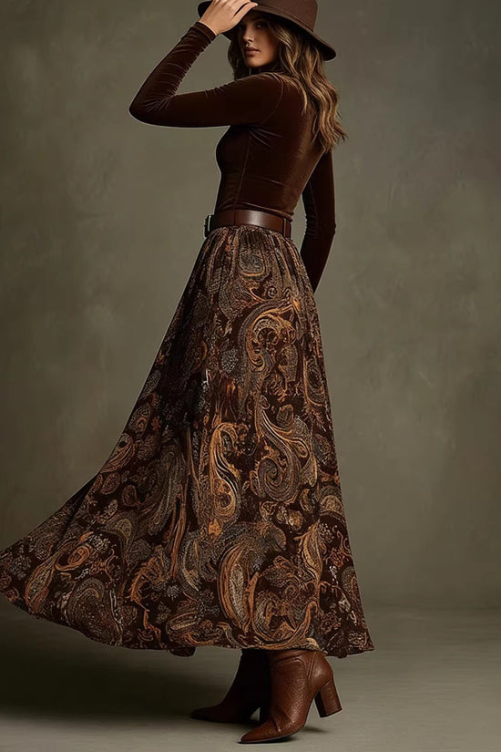 Slim fit printed long skirt set with belt 