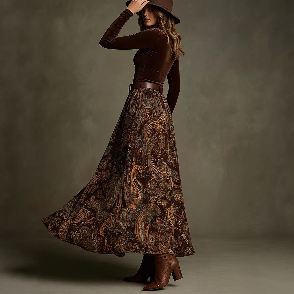 Slim fit printed long skirt set with belt 