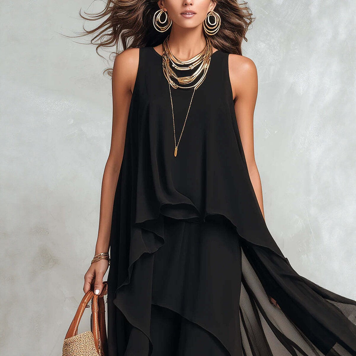 Black Sleeveless Asymmetrical Chiffon Maxi Elegant Flowing Womens Dress 