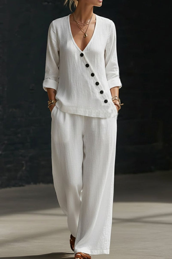 Loose-fitting V-neck Cross-over Shirt And Wide-leg Pants 