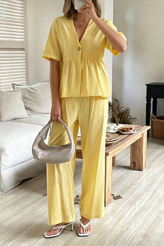 V-neck Loose-fit Short-sleeve Top And Wide-leg Pants Two-piece Set 