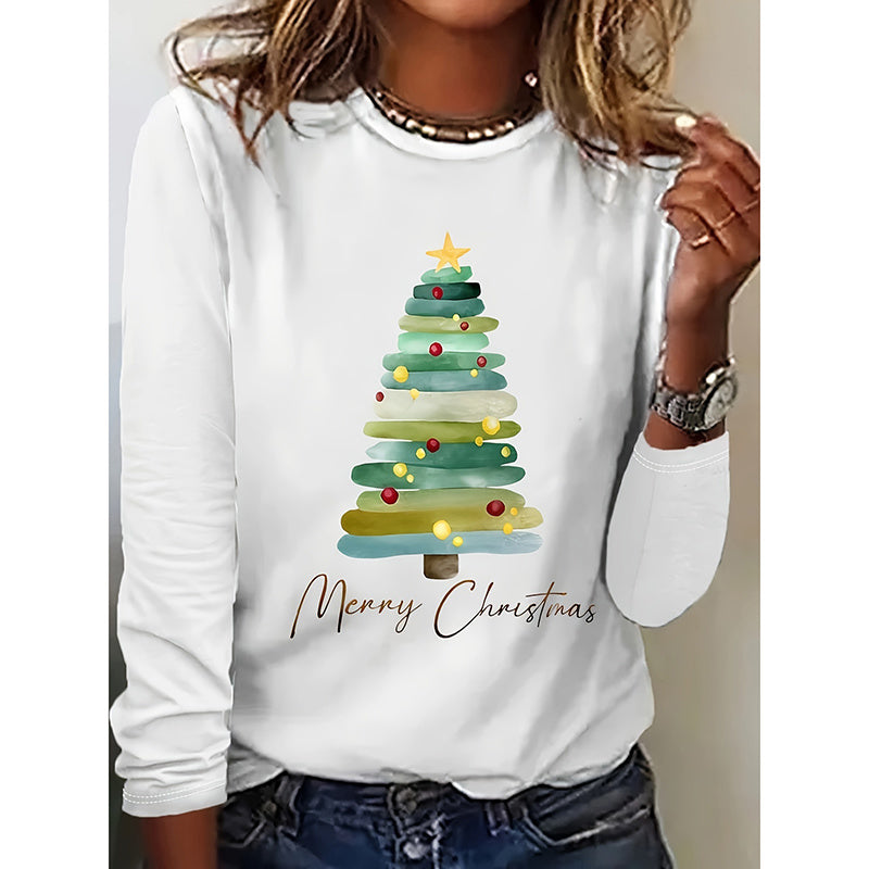 Women's Long Sleeve Merry Christmas T-Shirt, Cute Christmas Tree Graphic Tee, Funny Holiday Party Top CJ US