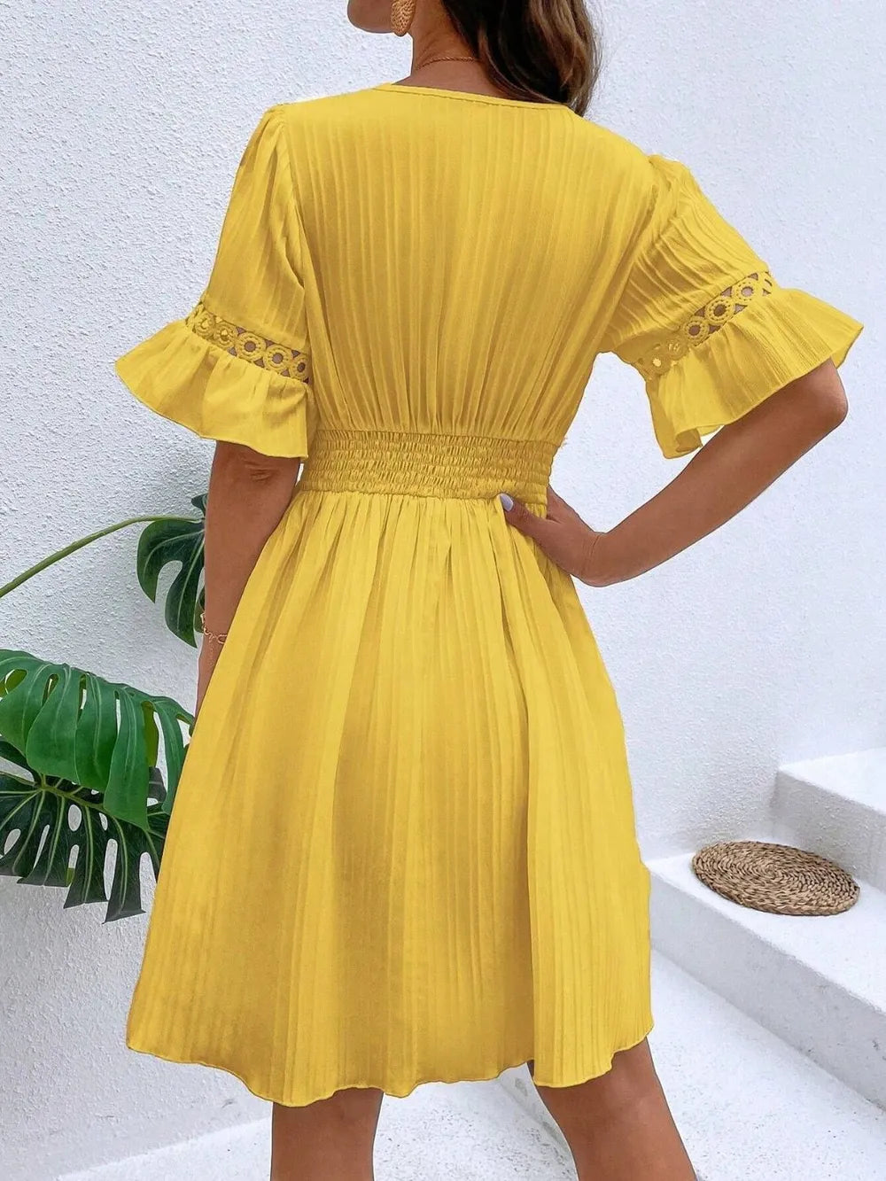 Cutout V-Neck Flounce Sleeve Mini Dress 