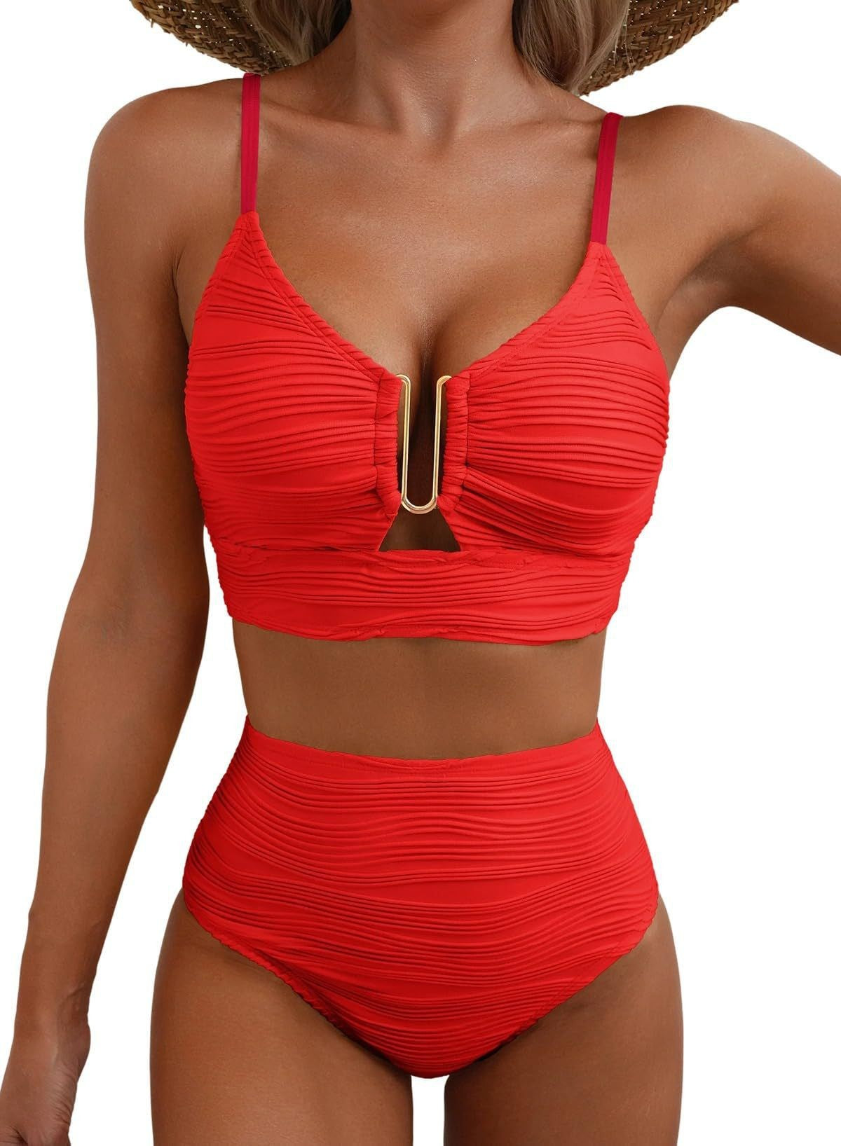 Solid color gathering swimsuit 