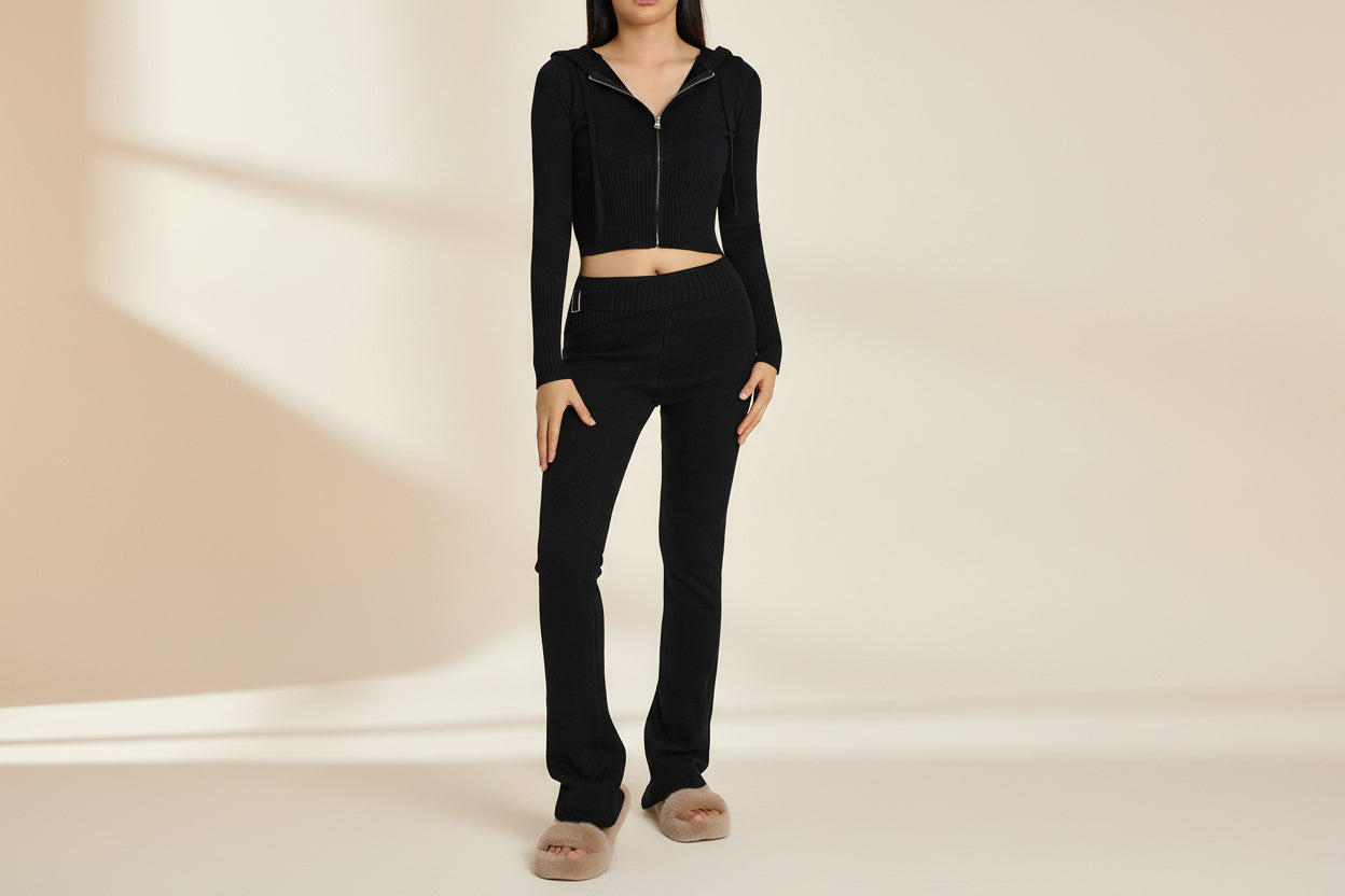 Women’s Knitted Hooded Two-Piece Set – Cardigan & High-Waisted Pants Suit - FitiqueFit