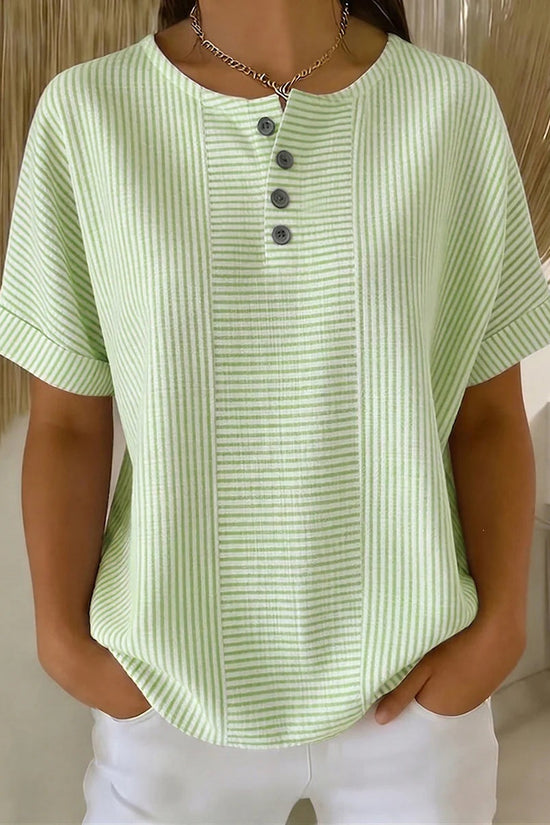 Casual Solid Color V-Neck Buttoned Striped Cotton-Linen T-Shirt 