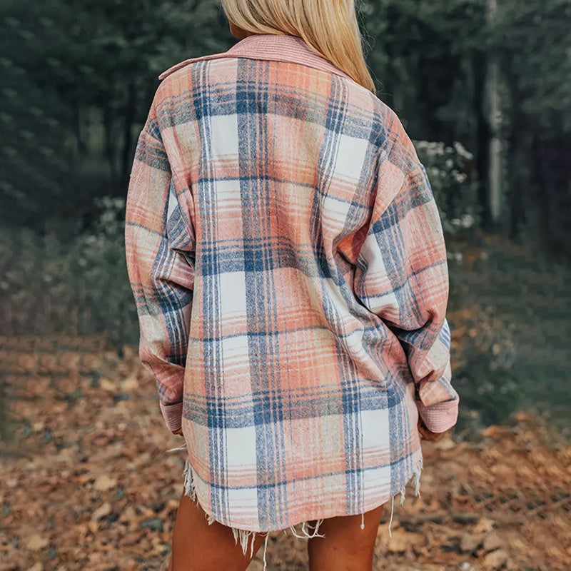 Women's Notch Lapel Check Print Long Sleeve Shirt - Button Front Pocket Detail Casual Blouse CJ US
