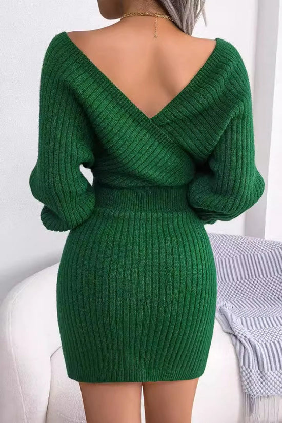 2025 Autumn-Winter Sexy Cross V-neck Bat Skirt With Hip Wrapping, Hairy Dress CJ US