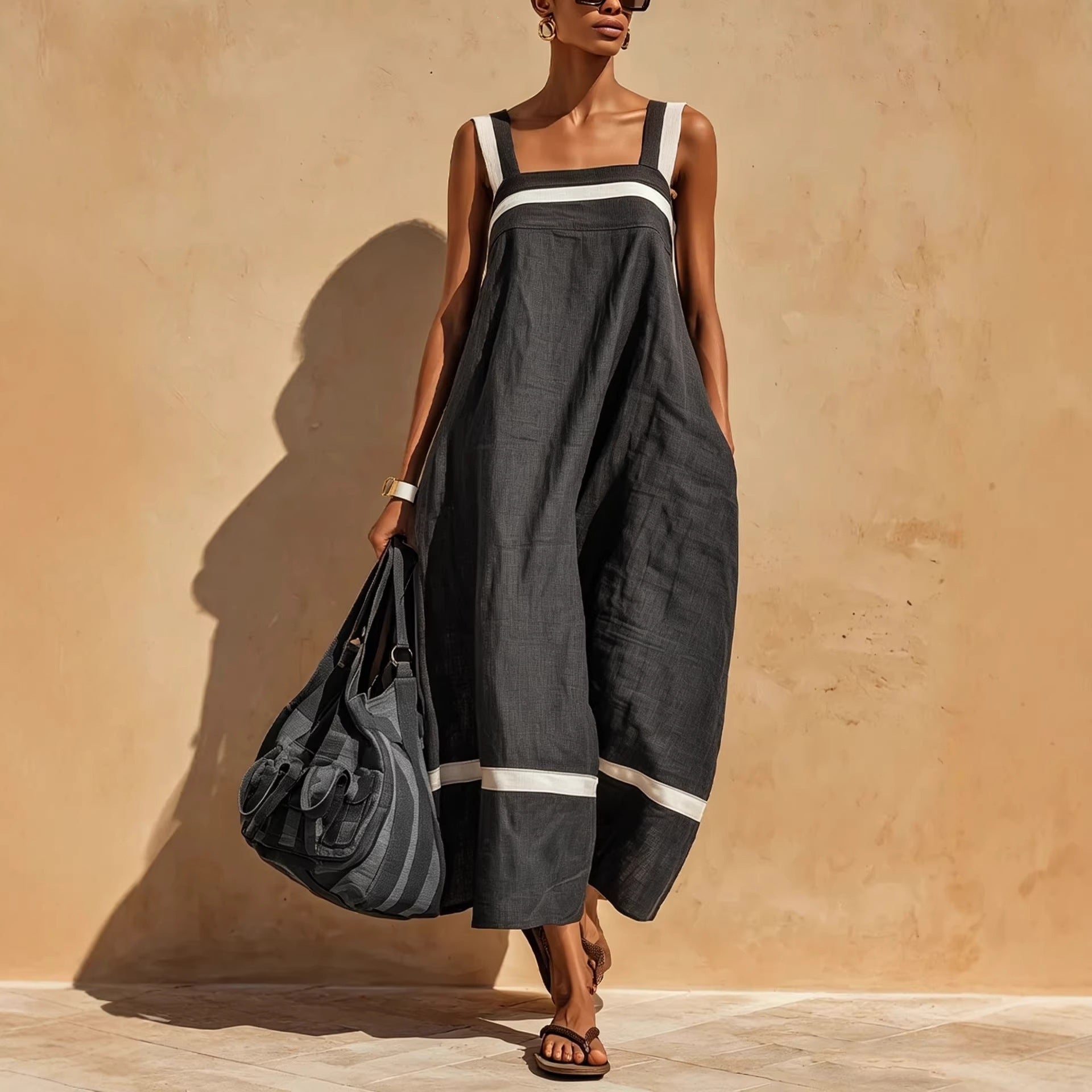 Strap Contrast-Color Womens Casual Loose Dress 