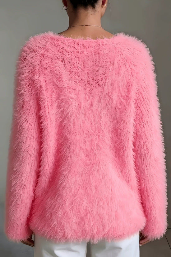 Women's macaron round neck fluffy solid color long sleeved fur top 