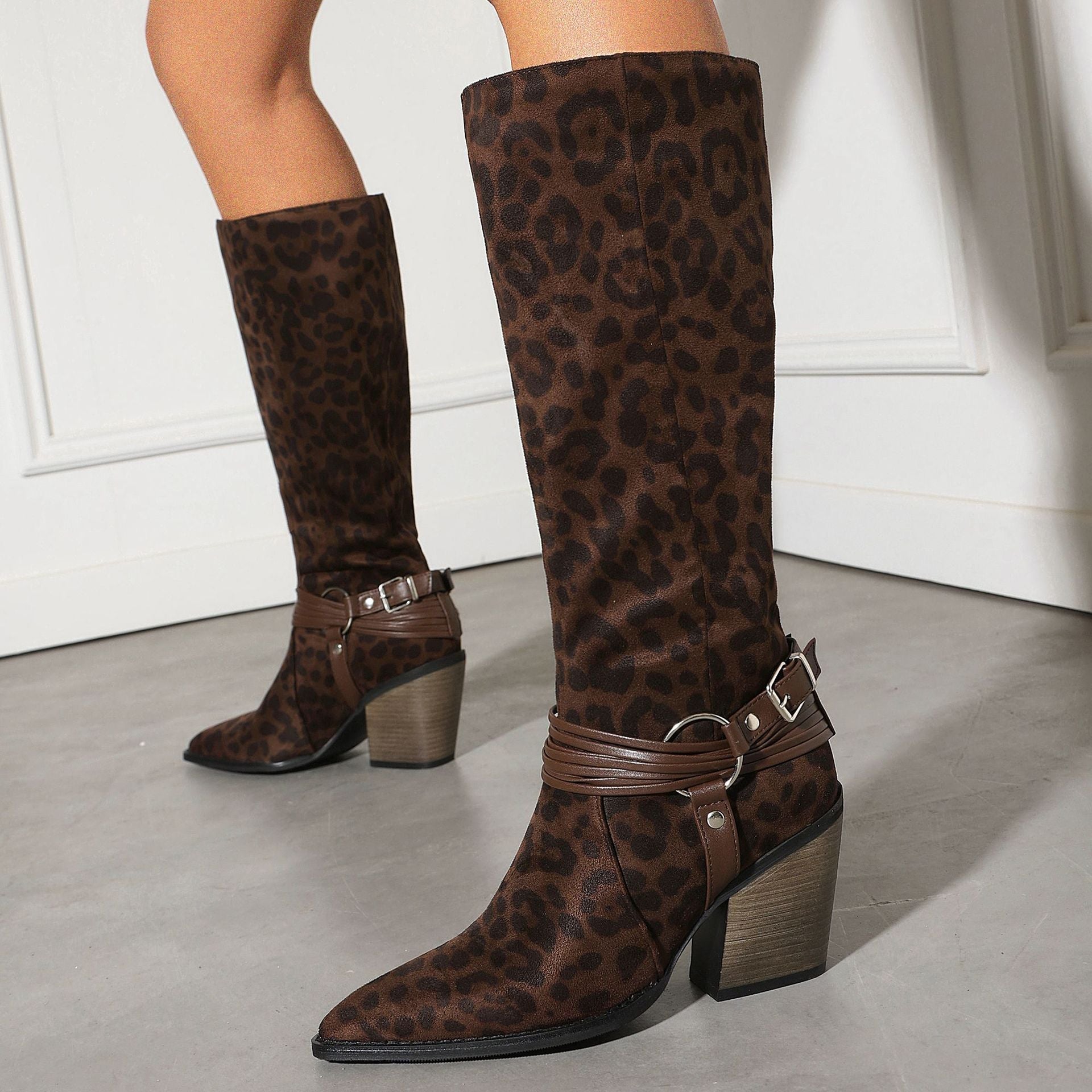 Western Style High Heel Boots for Women, Chunky Heeled, Pointed Toe, Over-the-Knee, Belt Buckle Detail Made to order, ships in 7 days 