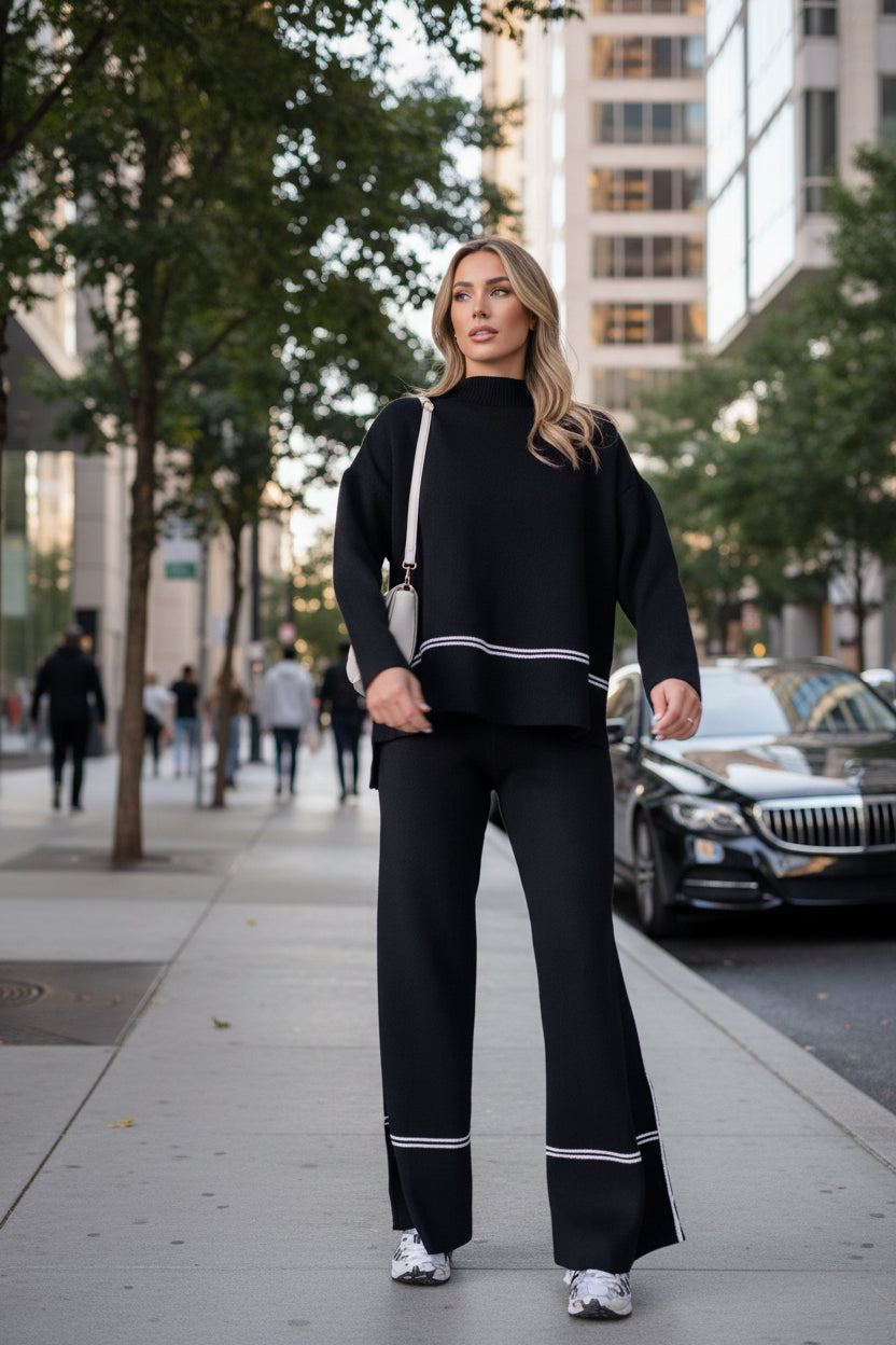 Women’s Solid Color Casual Two-Piece Set – Loose Top & Bootcut Pants Suit