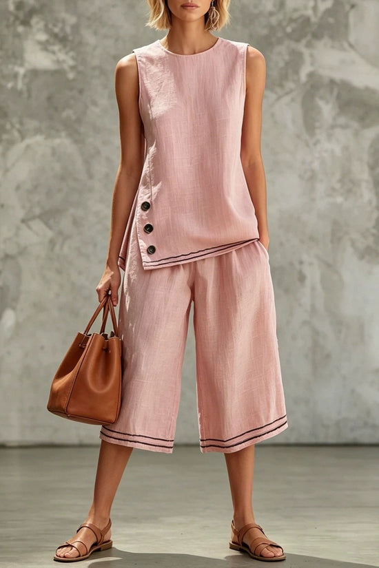 Sleeveless Side-split Tank Top Paired With Wide-leg Cropped Pants Womens Two-piece Set 