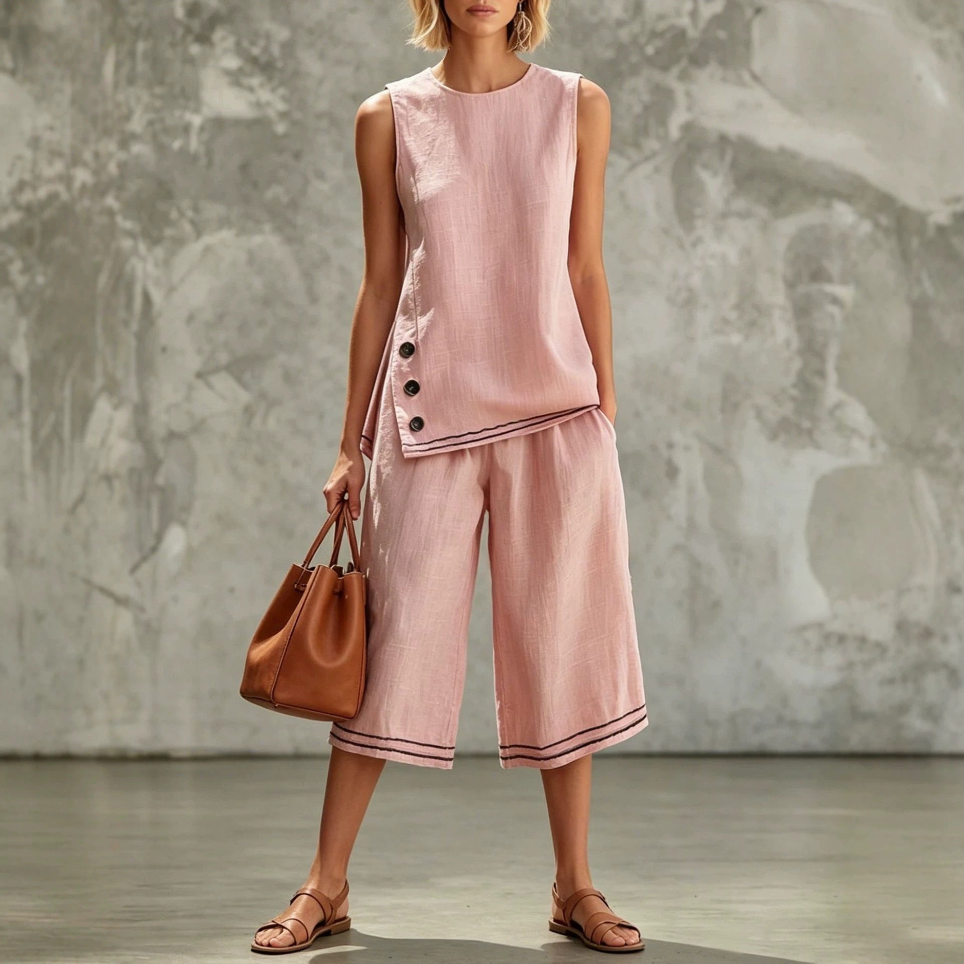Sleeveless Side-split Tank Top Paired With Wide-leg Cropped Pants Womens Two-piece Set 