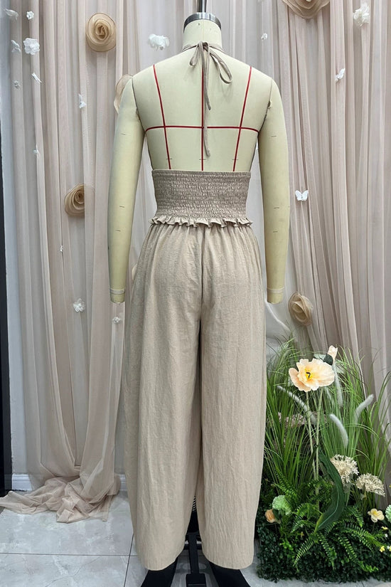 Hanging neck V-neck short top+loose lantern pants linen two-piece set for women 