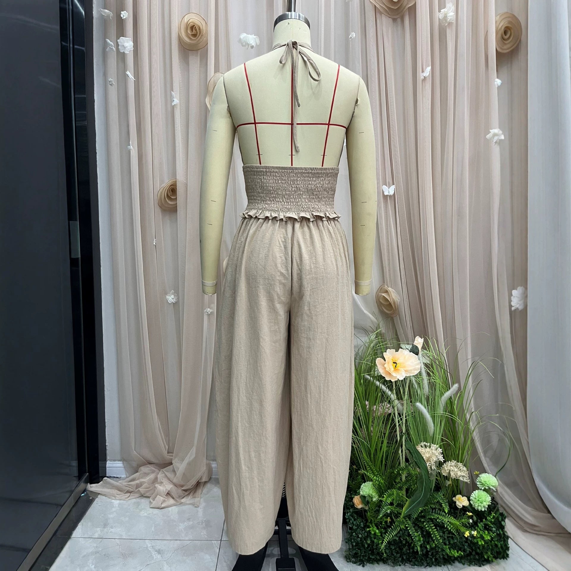 Hanging neck V-neck short top+loose lantern pants linen two-piece set for women 