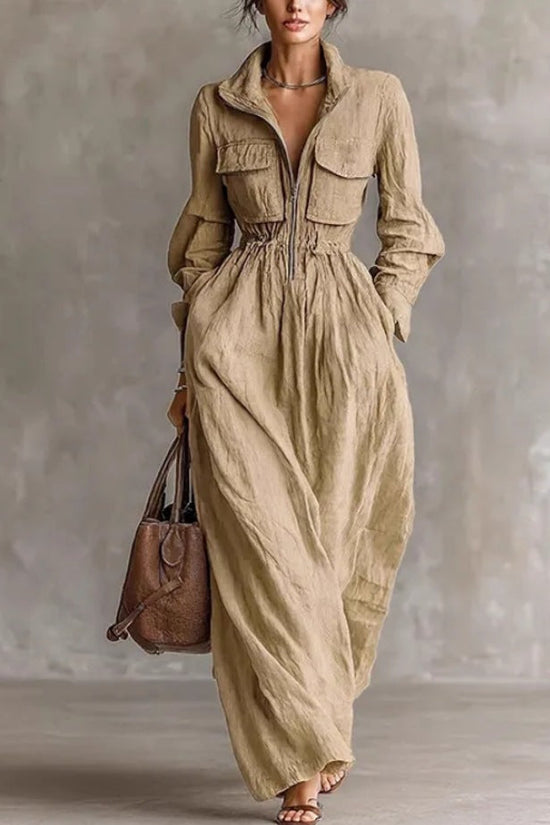 Women's Zipper Collar Elastic Waist Long Dress 
