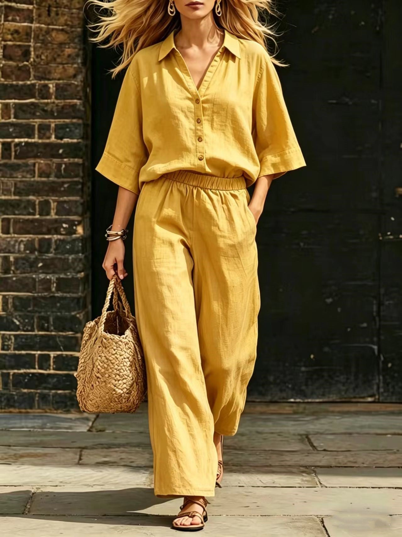 Womens Short-Sleeve Shirt And Loose Pants Two-Piece Set 