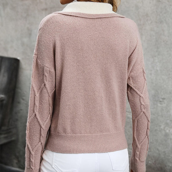 Women's Lapel V-Neck Sweater, Color Block Long Sleeve Casual Pullover 