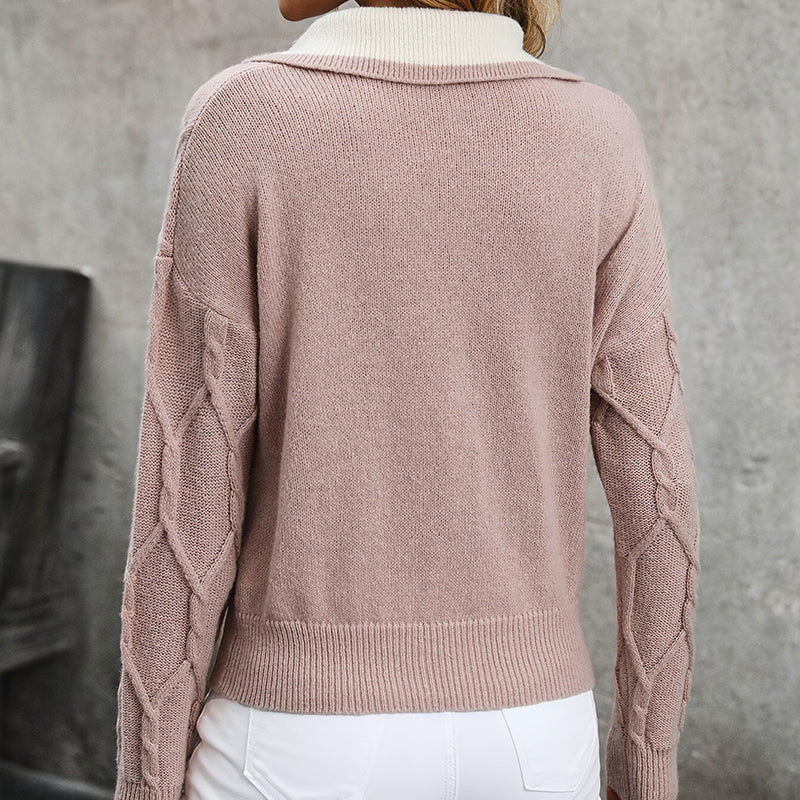 Women's Lapel V-Neck Sweater, Color Block Long Sleeve Casual Pullover 