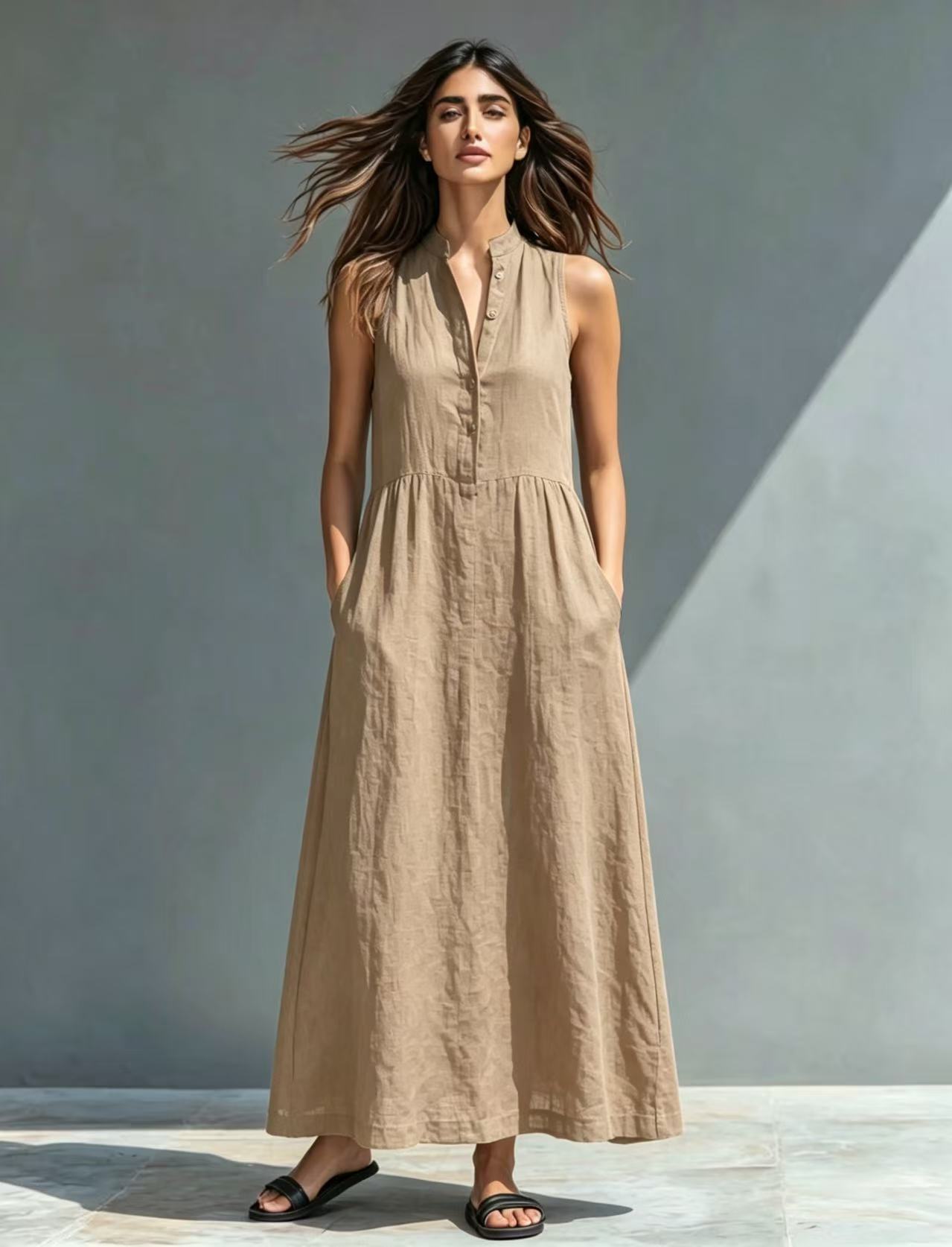 Resort-style Stand-collar Maxi Dress 