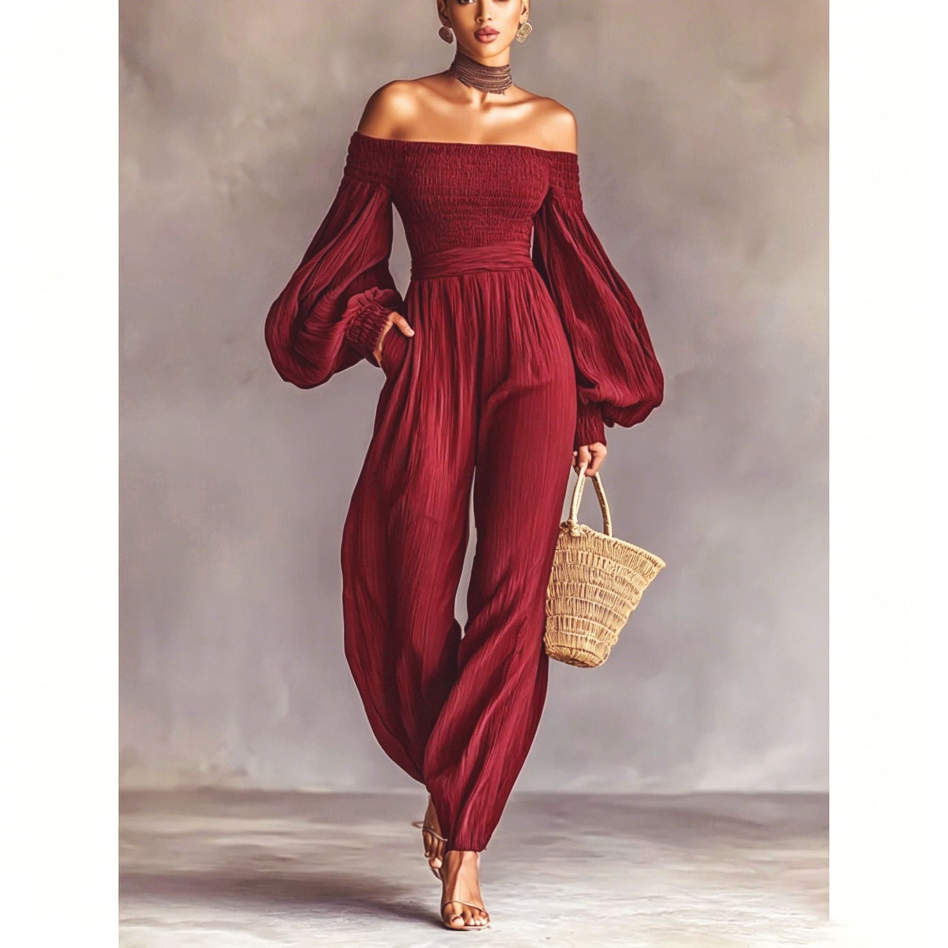 Style Off-Shoulder Lantern Sleeve Pleated Loose Jumpsuit for Women 